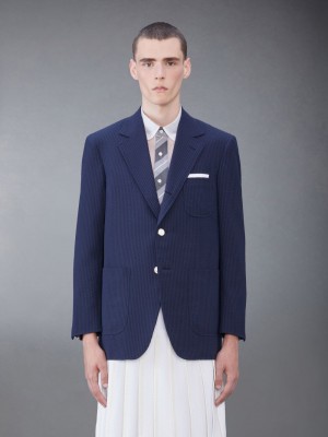 Thom Browne Wool Seersucker Patch Pocket Sport Men Coats Blue | JCQ70B66442