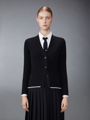 Thom Browne Wool Silk Blend Tipping Rib Stitch Cable Women Cardigan Black | NBI30S70973