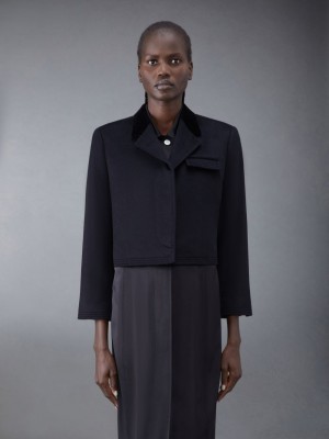 Thom Browne Zibeline Weight Cashmere Velvet Collar Cropped Chesterfield Women Coats Black | WDE51D00511