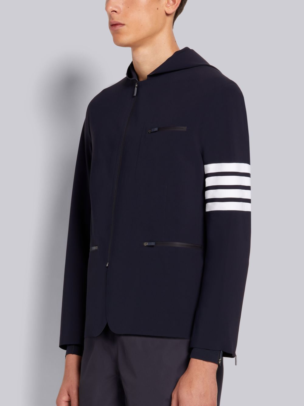 Thom Browne 4-Bar Stripe Hooded Compression Sport Men Jackets Navy | LZL86P25190