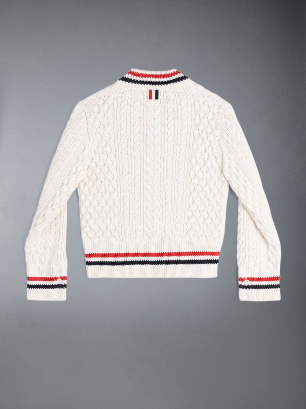 Thom Browne ARAN CABLE CRICKET STRIPE V-NECK Boys's Pullover White | VHT18X75917