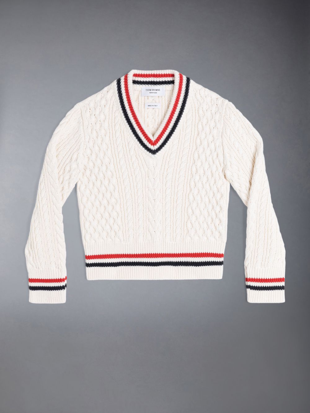 Thom Browne ARAN CABLE CRICKET STRIPE V-NECK Boys\'s Pullover White | VHT18X75917