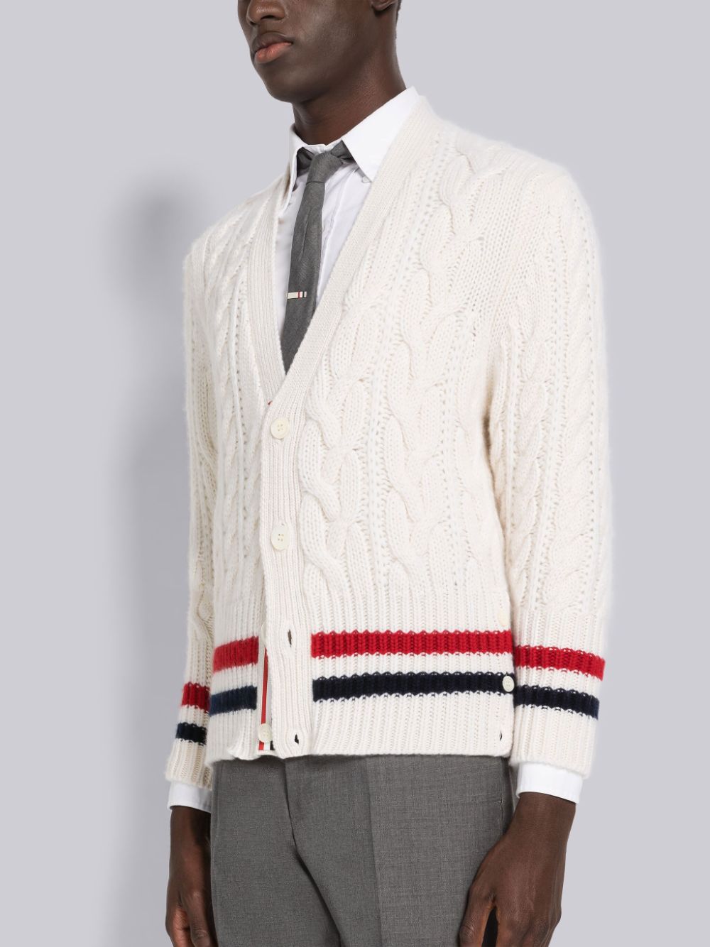 Thom Browne Aran Cable Cashmere Stripe V-Neck Men Cardigan White | SQW85Q17555