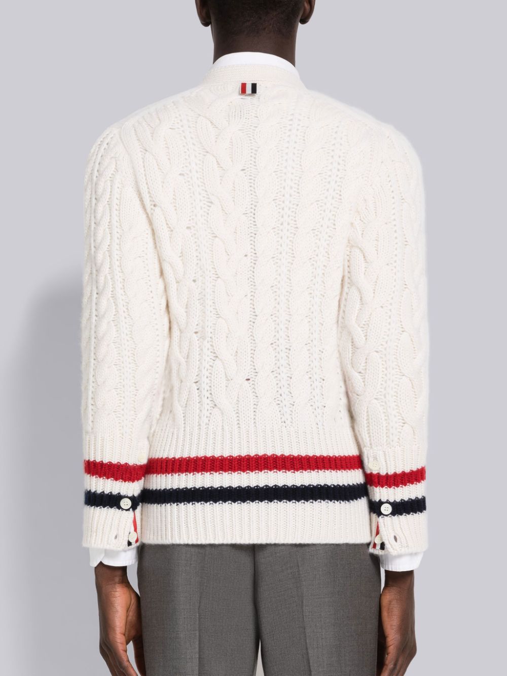 Thom Browne Aran Cable Cashmere Stripe V-Neck Men Cardigan White | SQW85Q17555