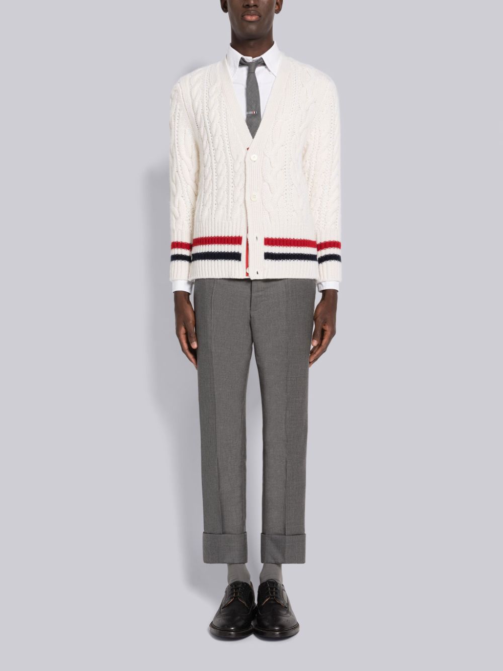 Thom Browne Aran Cable Cashmere Stripe V-Neck Men Cardigan White | SQW85Q17555