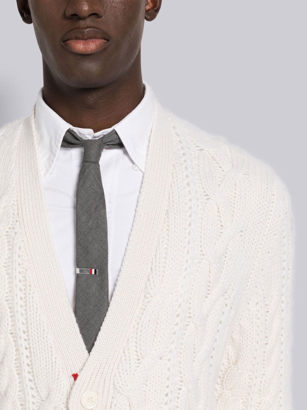 Thom Browne Aran Cable Cashmere Stripe V-Neck Men Cardigan White | SQW85Q17555