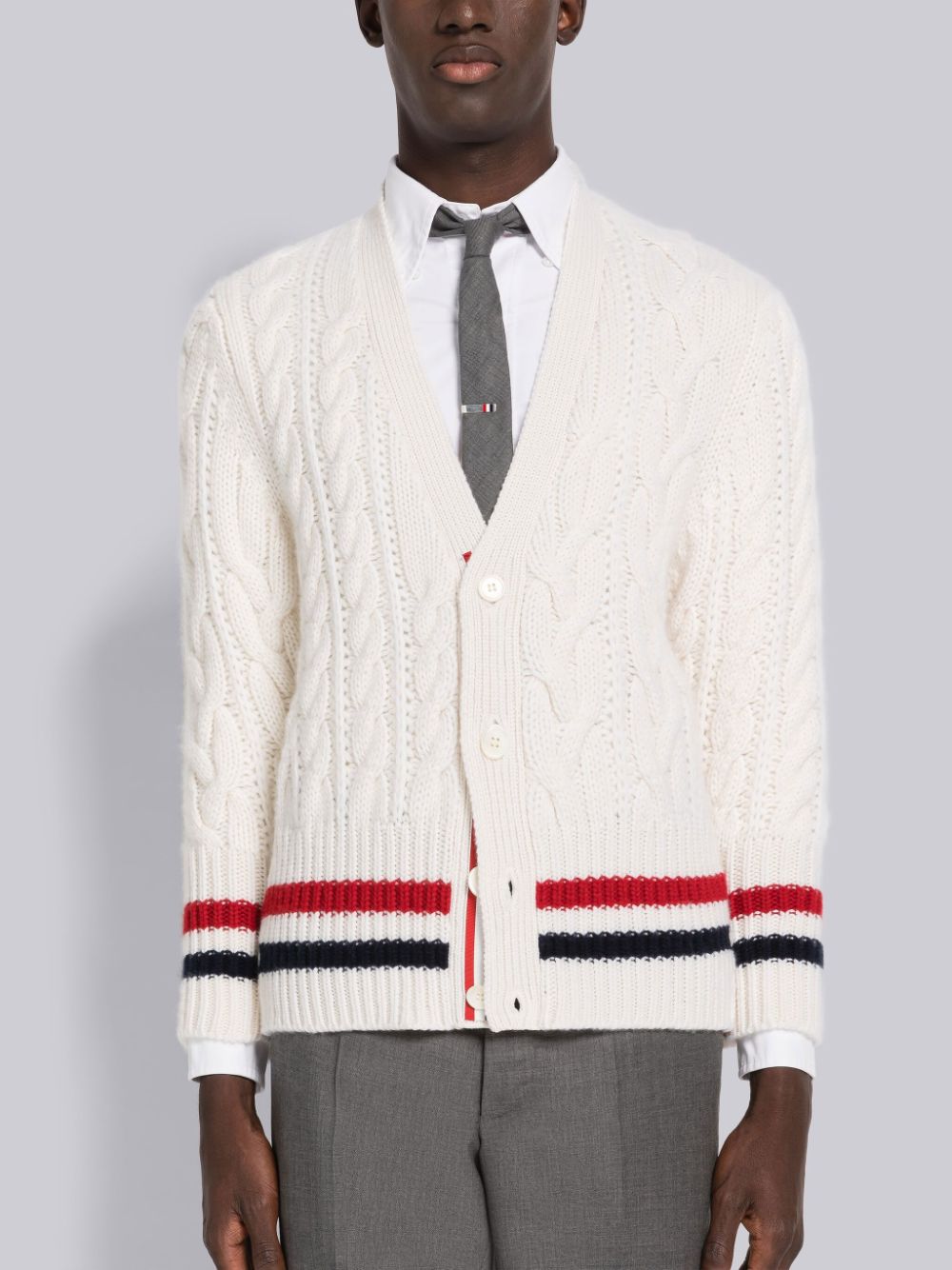 Thom Browne Aran Cable Cashmere Stripe V-Neck Men Cardigan White | SQW85Q17555