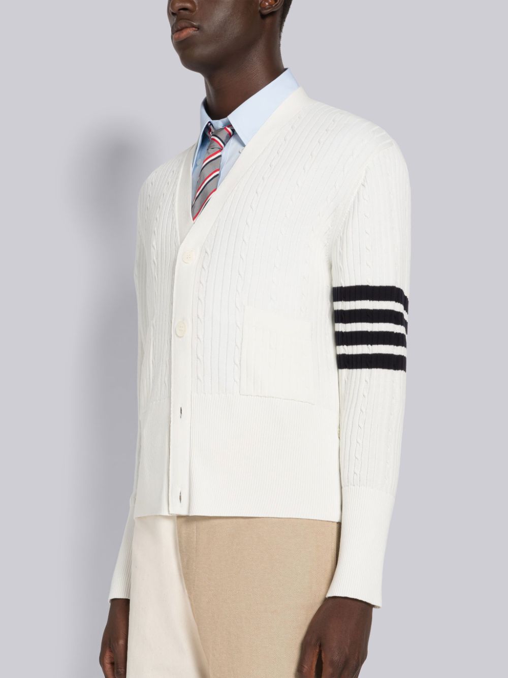 Thom Browne Baby Cable Rib Cotton 4-Bar V-Neck Men Cardigan White | WRR72V20783