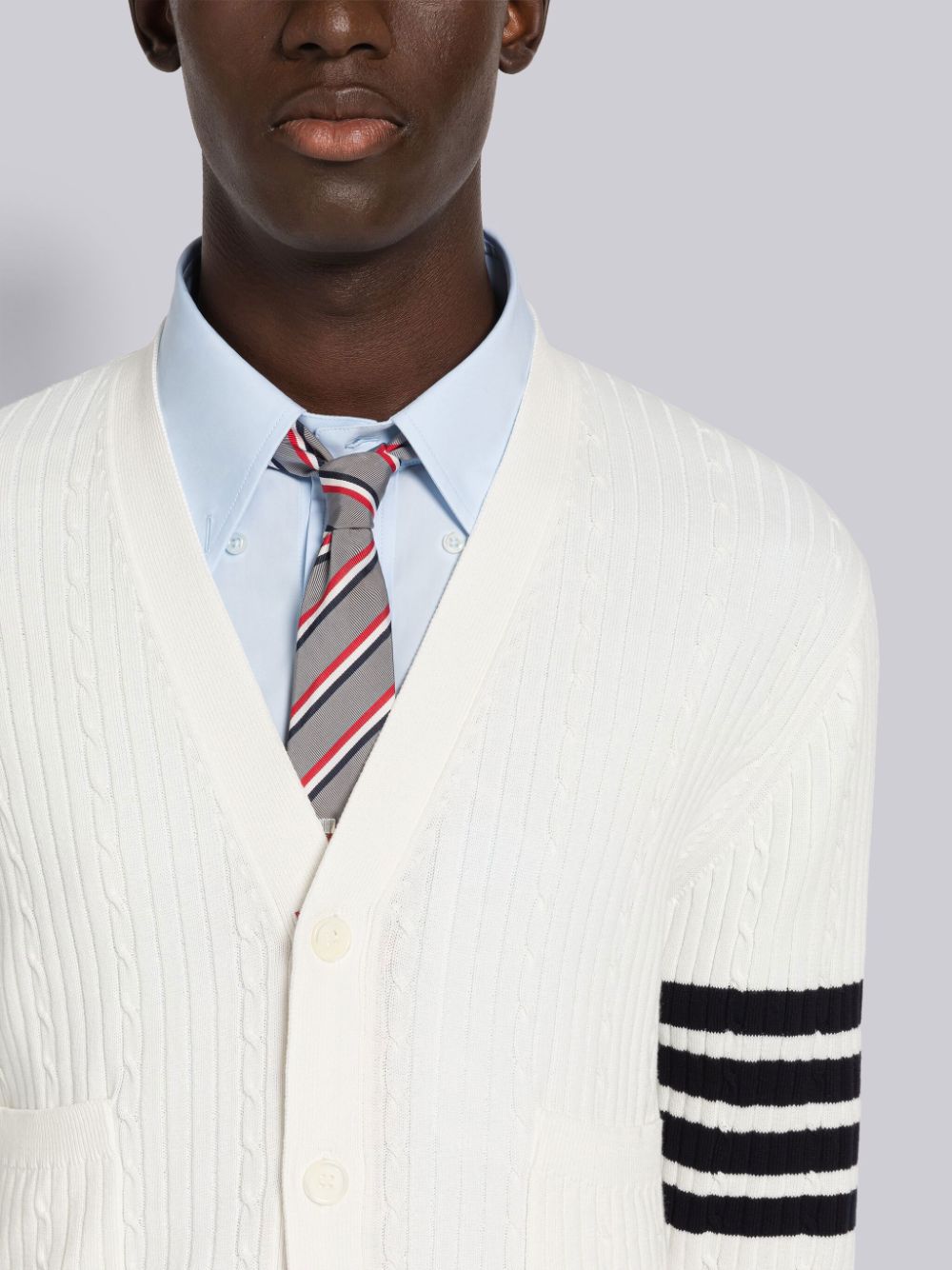 Thom Browne Baby Cable Rib Cotton 4-Bar V-Neck Men Cardigan White | WRR72V20783