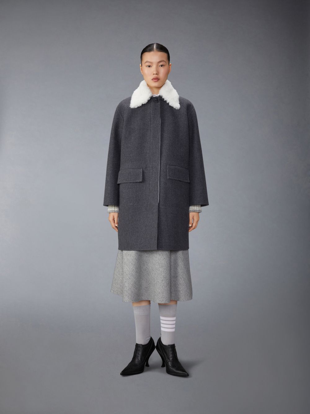 Thom Browne Bal Collar With Detachable Collar in Double Face Melton Solid Women Coats Grey | XGF13H06440