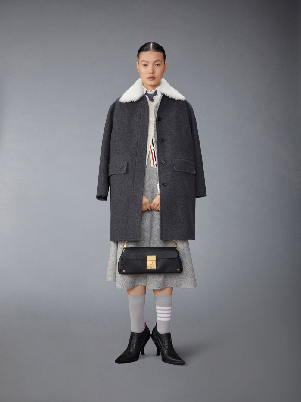 Thom Browne Bal Collar With Detachable Collar in Double Face Melton Solid Women Coats Grey | XGF13H06440