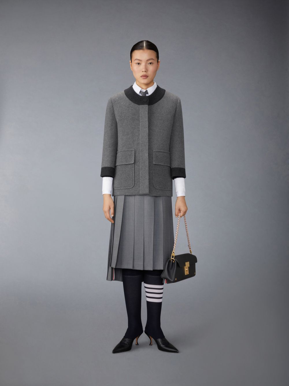 Thom Browne Boiled Merino Wool Double Face Stitch Women Cardigan Grey | PHU13N14784