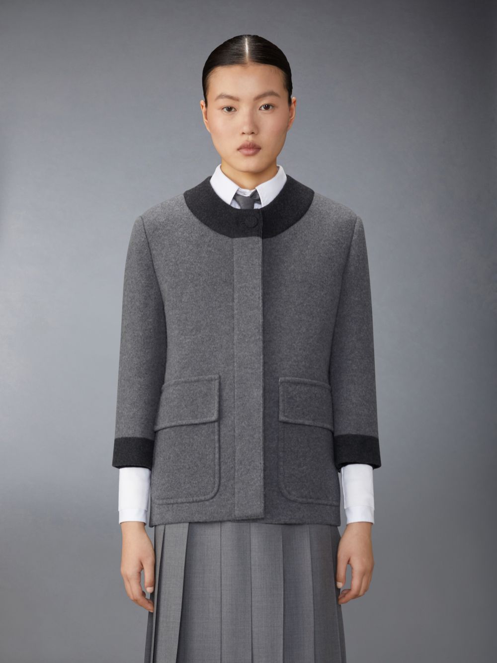 Thom Browne Boiled Merino Wool Double Face Stitch Women Cardigan Grey | PHU13N14784