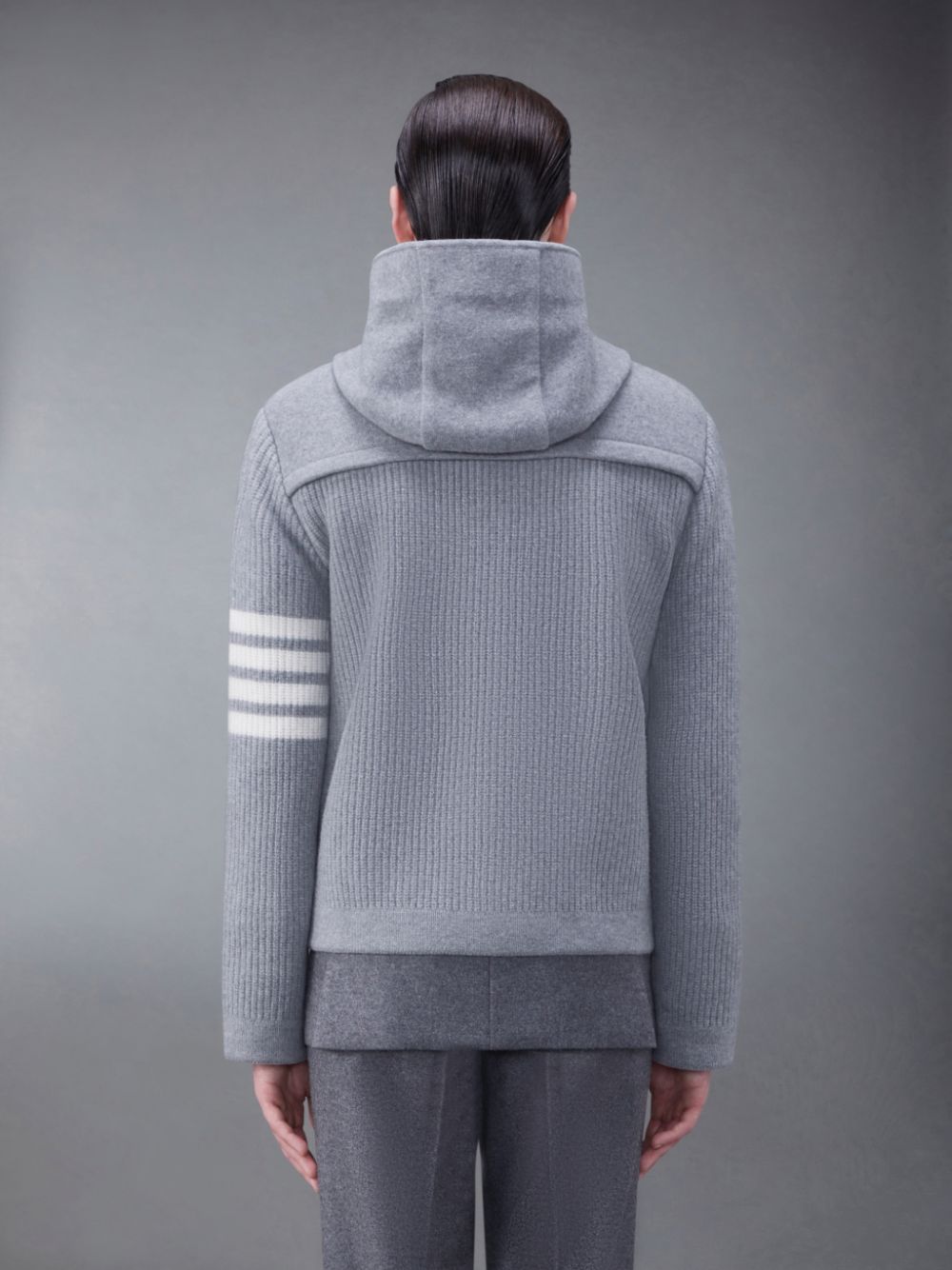 Thom Browne Boiled Wool Half Cardigan Stitch Hooded 4-Bar Duffle Men Jackets Grey | DCB22W19984