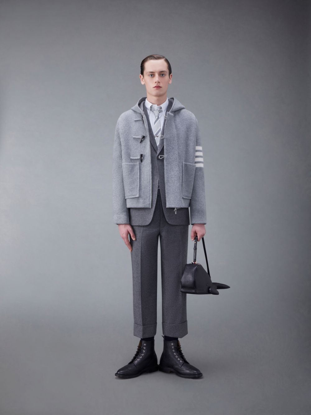 Thom Browne Boiled Wool Half Cardigan Stitch Hooded 4-Bar Duffle Men Jackets Grey | DCB22W19984