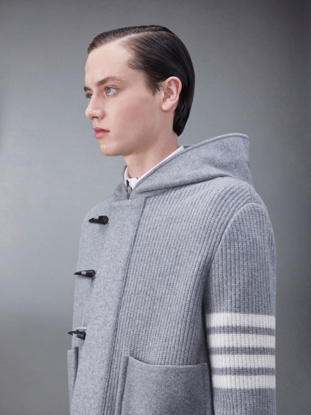 Thom Browne Boiled Wool Half Cardigan Stitch Hooded 4-Bar Duffle Men Jackets Grey | DCB22W19984