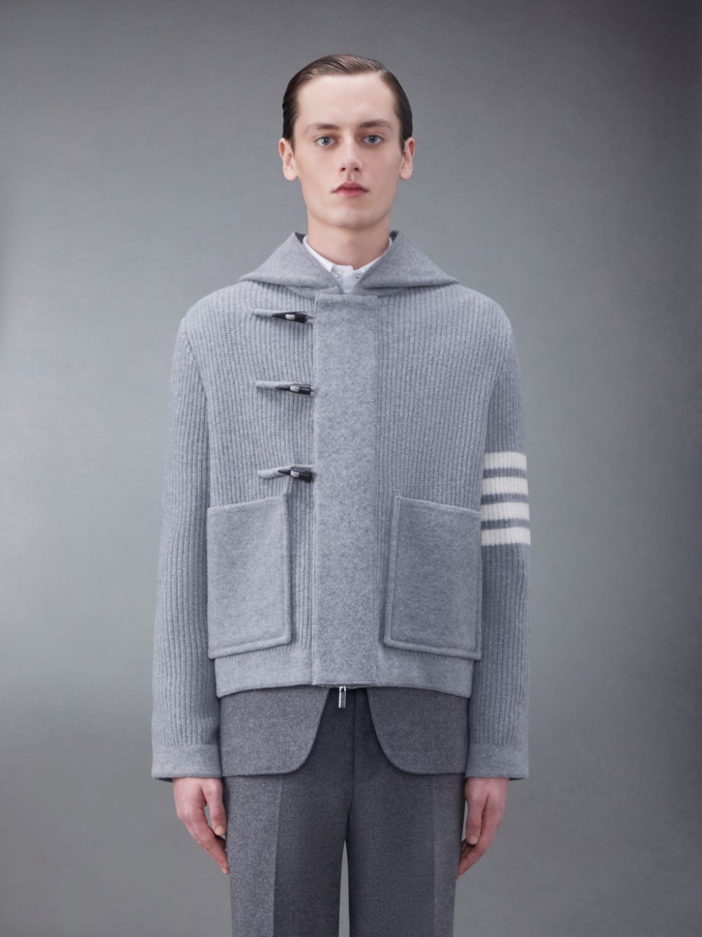 Thom Browne Boiled Wool Half Cardigan Stitch Hooded 4-Bar Duffle Men Jackets Grey | DCB22W19984