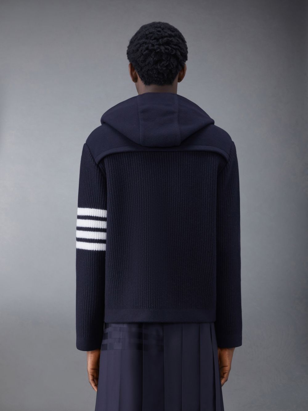 Thom Browne Boiled Wool Half Cardigan Stitch Hooded 4-Bar Duffle Men Jackets Blue | OHI13N01118