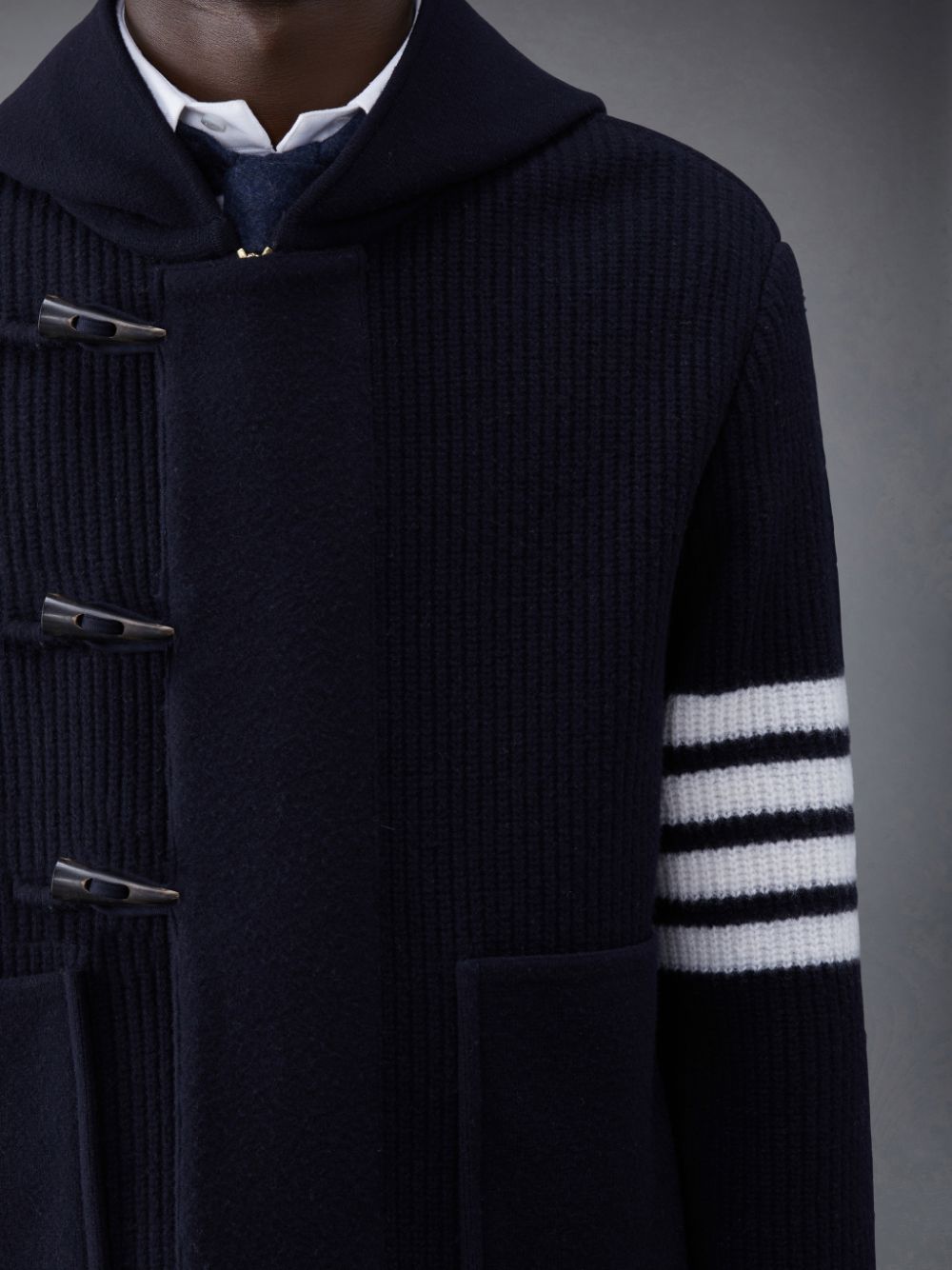 Thom Browne Boiled Wool Half Cardigan Stitch Hooded 4-Bar Duffle Men Jackets Blue | OHI13N01118