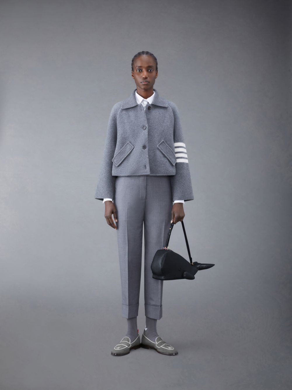 Thom Browne Boiled Wool Milano 4-Bar Cropped Car Women Coats Grey | LRL83I31524