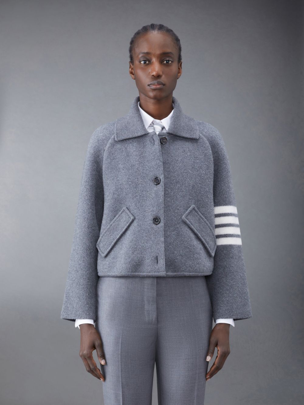 Thom Browne Boiled Wool Milano 4-Bar Cropped Car Women Coats Grey | LRL83I31524