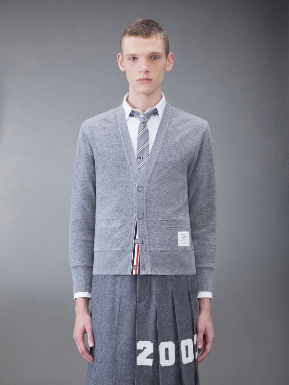 Thom Browne CASHMERE PIQUE 2003 V-NECK Men Cardigan Grey | TYJ47N38059