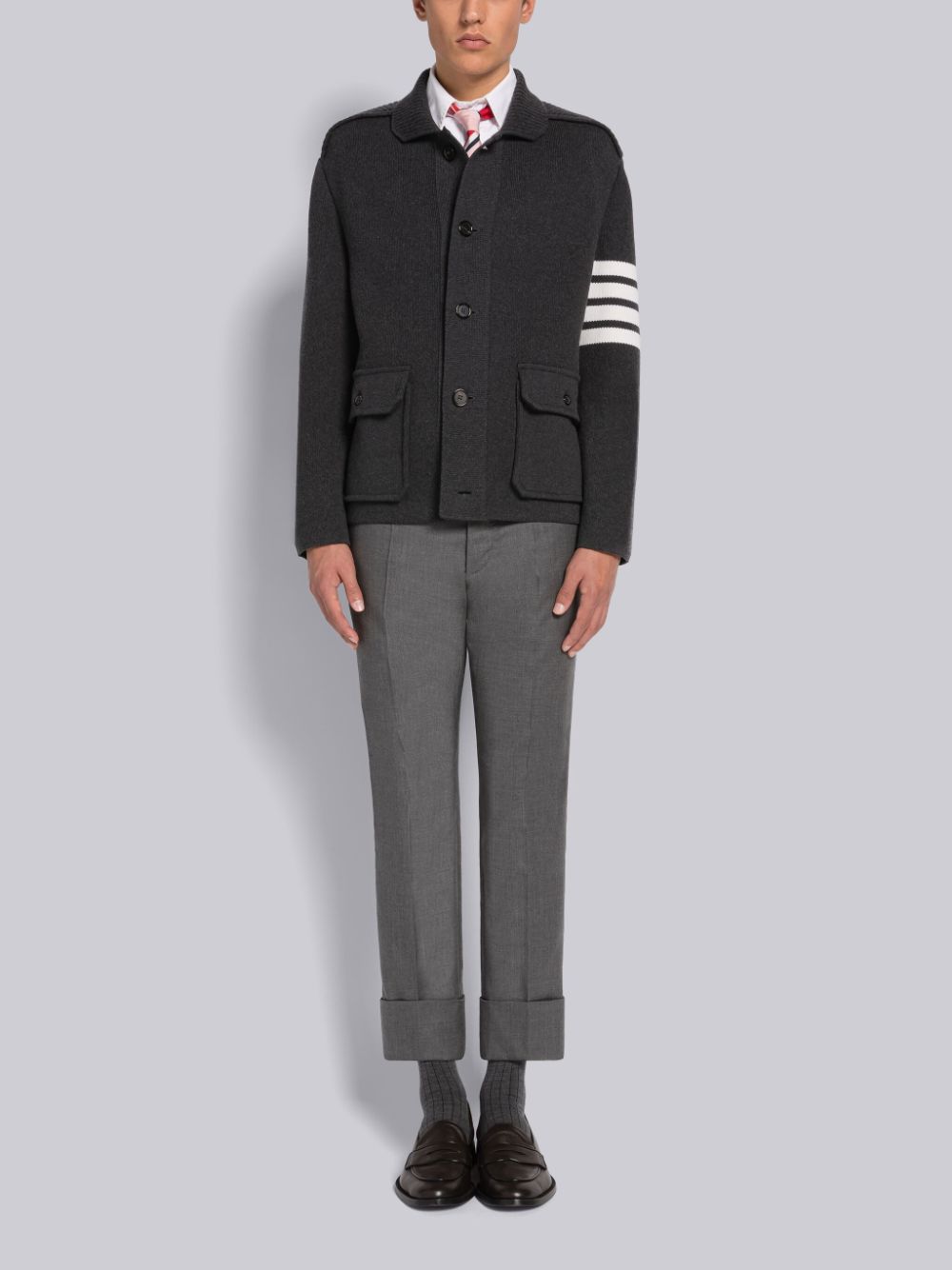 Thom Browne COTTON CASHMERE INTERLOCK 4-BAR POLO COLLAR Men Jackets Grey | XNO48B00333