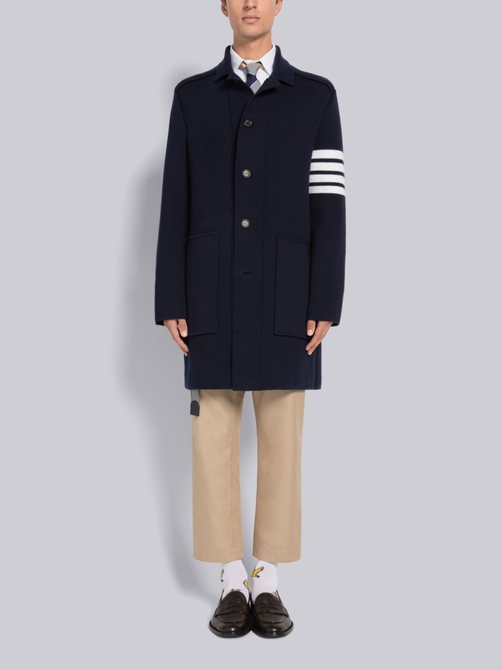 Thom Browne COTTON CASHMERE INTERLOCK 4-BAR POLO COLLAR Men Coats Blue | IQV50X54854