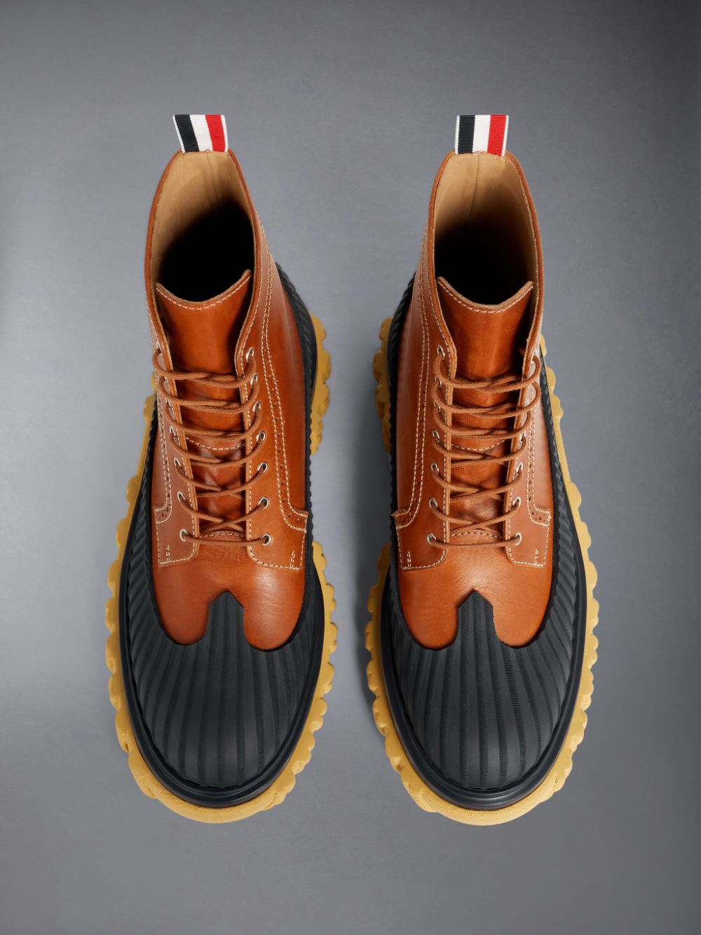 Thom Browne Camel Calf Leather Rubber Sole Longwing Duck Men Boots Brown | KTW74F22071