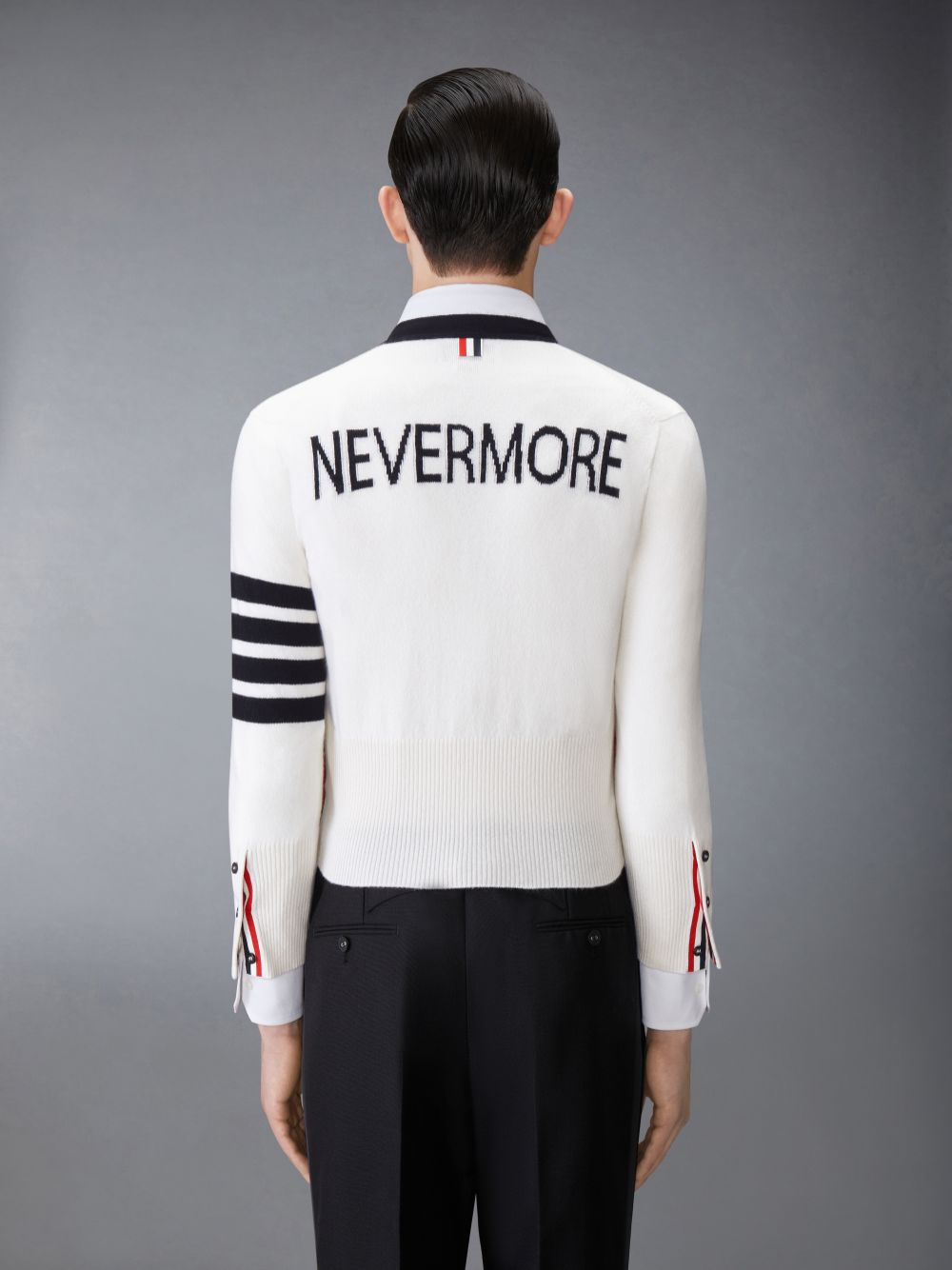 Thom Browne Cashmere Nevermore Intarsia 4-Bar Classic Short Men Cardigan White | GDQ49J80558