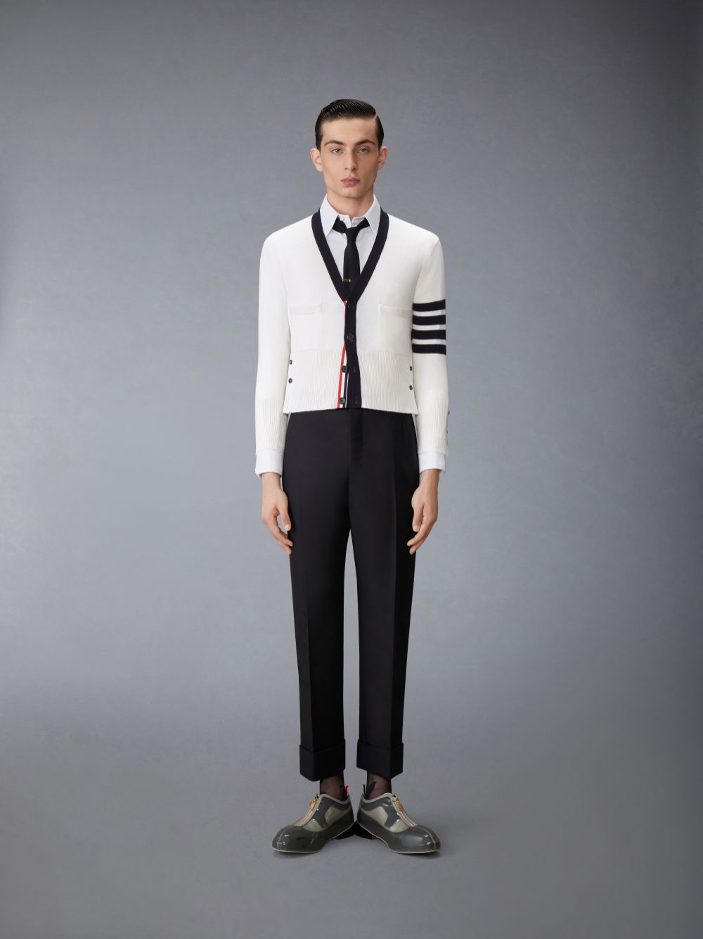 Thom Browne Cashmere Nevermore Intarsia 4-Bar Classic Short Men Cardigan White | GDQ49J80558