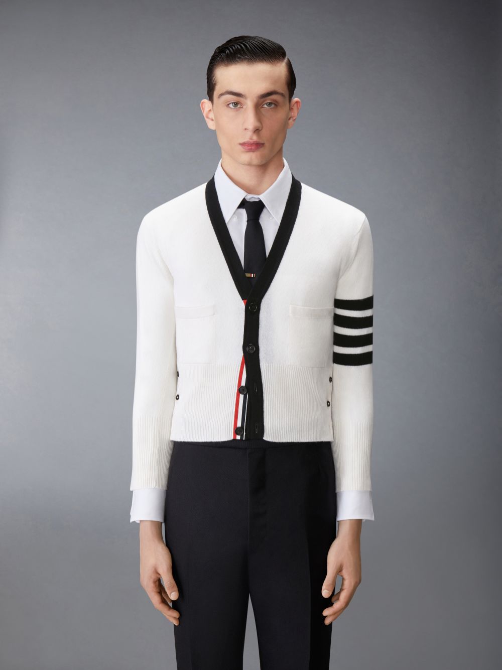 Thom Browne Cashmere Nevermore Intarsia 4-Bar Classic Short Men Cardigan White | GDQ49J80558