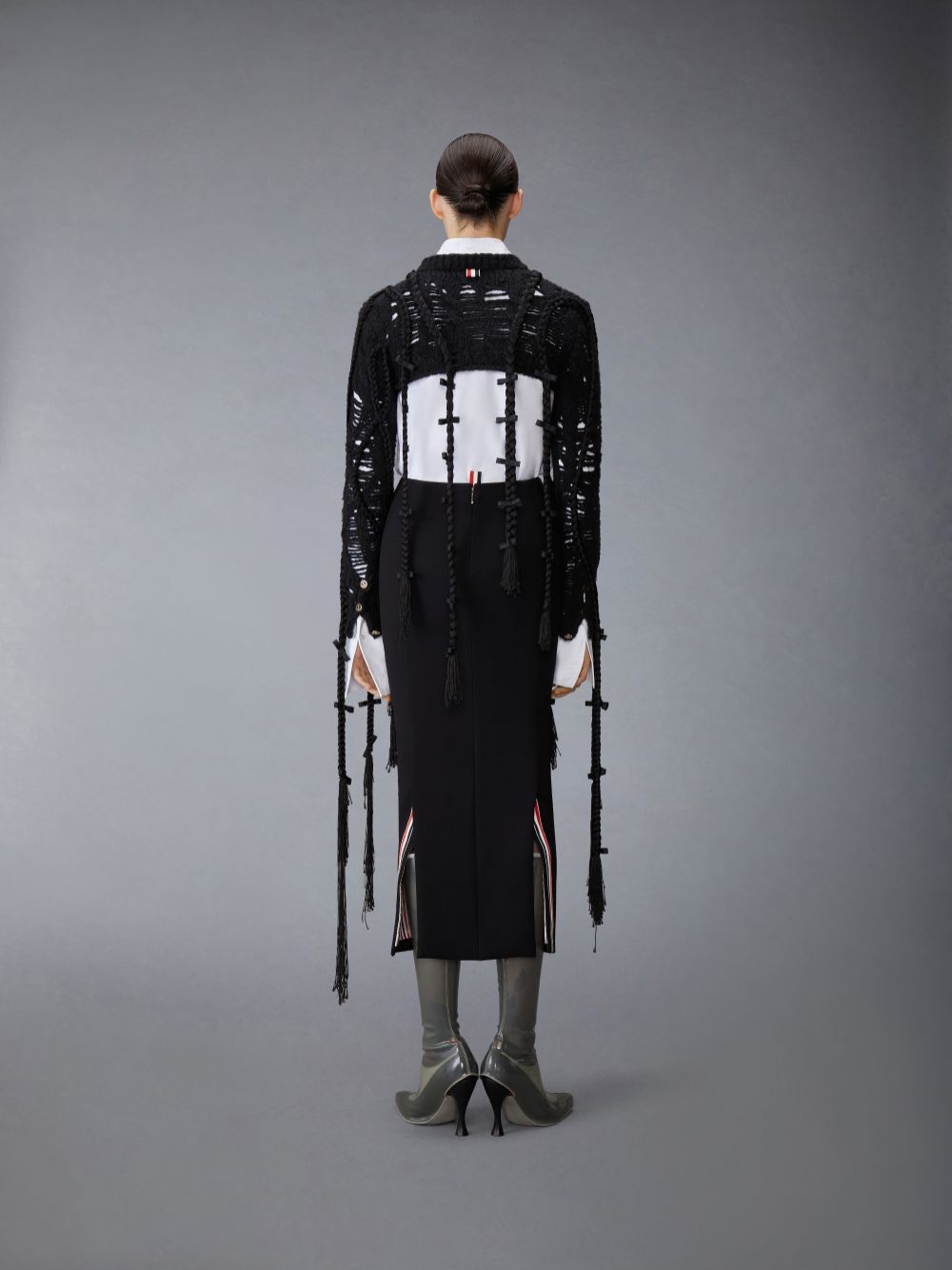 Thom Browne Cashmere Silk Cable Ladder Stitch Cropped Crewneck Women Cardigan Black | GSR01O68570