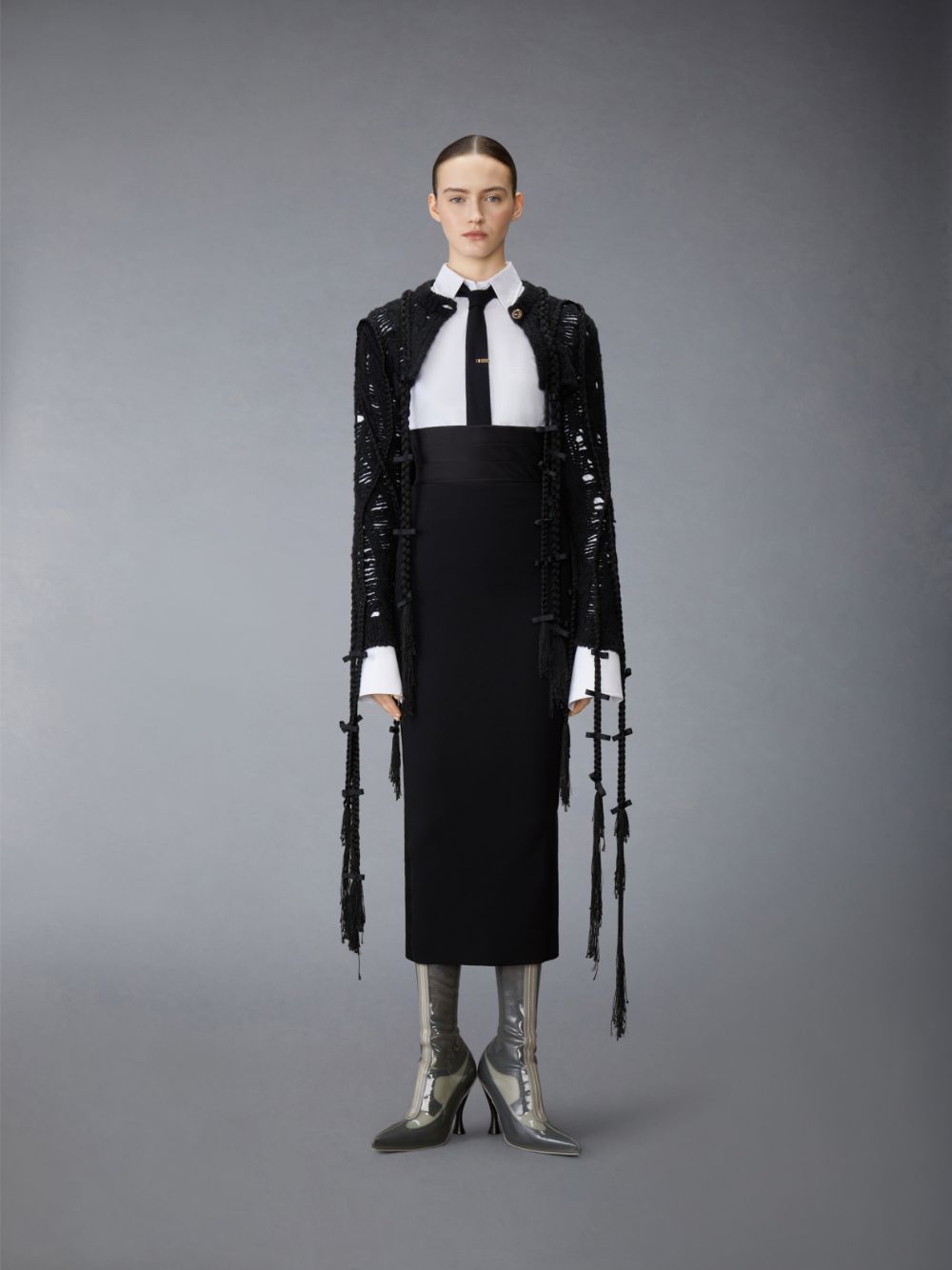 Thom Browne Cashmere Silk Cable Ladder Stitch Cropped Crewneck Women Cardigan Black | GSR01O68570