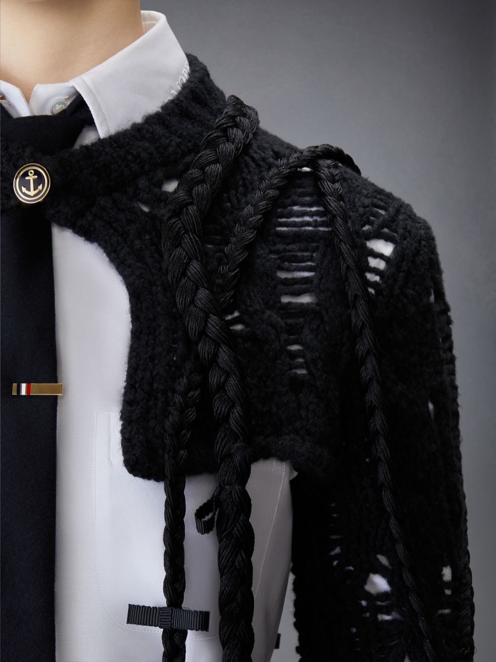 Thom Browne Cashmere Silk Cable Ladder Stitch Cropped Crewneck Women Cardigan Black | GSR01O68570