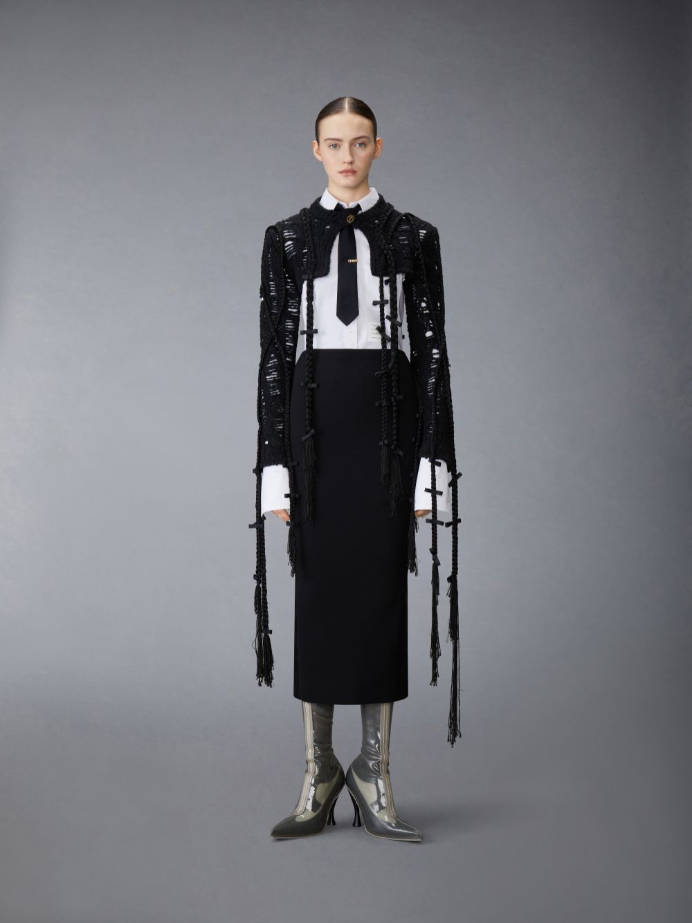 Thom Browne Cashmere Silk Cable Ladder Stitch Cropped Crewneck Women Cardigan Black | GSR01O68570