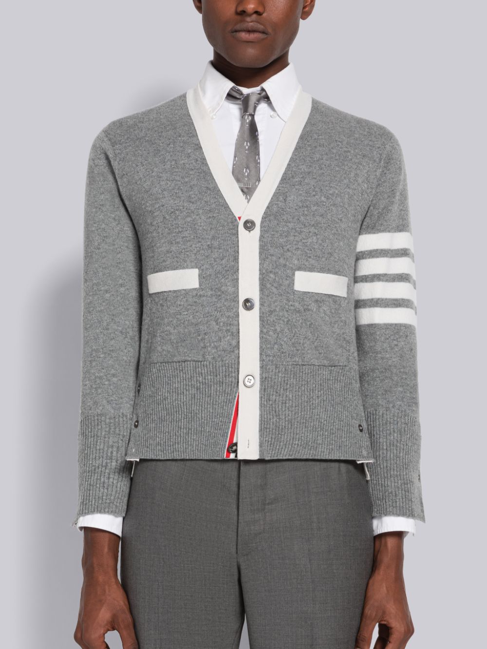 Thom Browne Cashmere Stripe V-Neck Men Cardigan Grey | WXL24Y40974