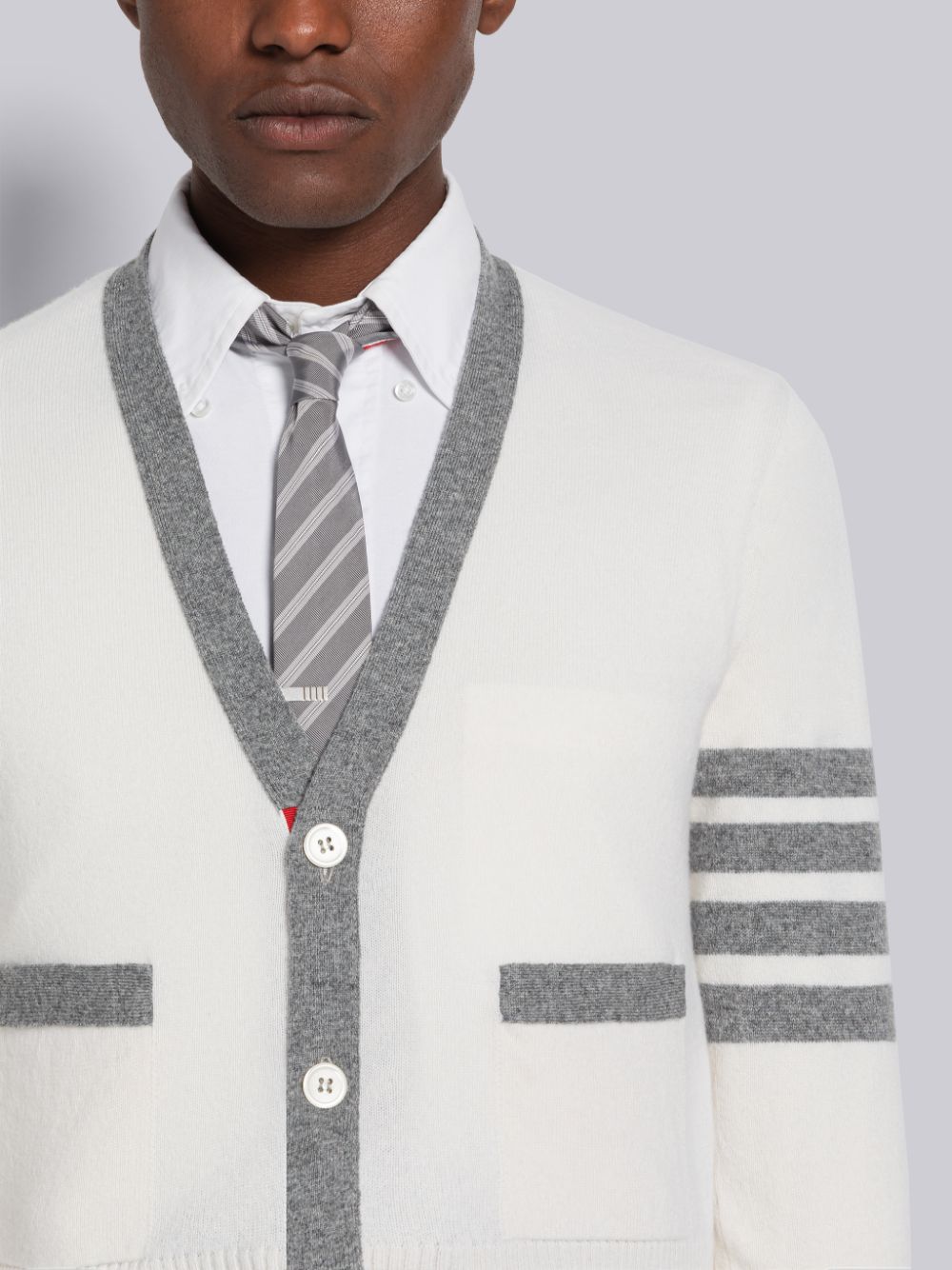 Thom Browne Cashmere Stripe V-Neck Men Cardigan White | YJQ07Y97055