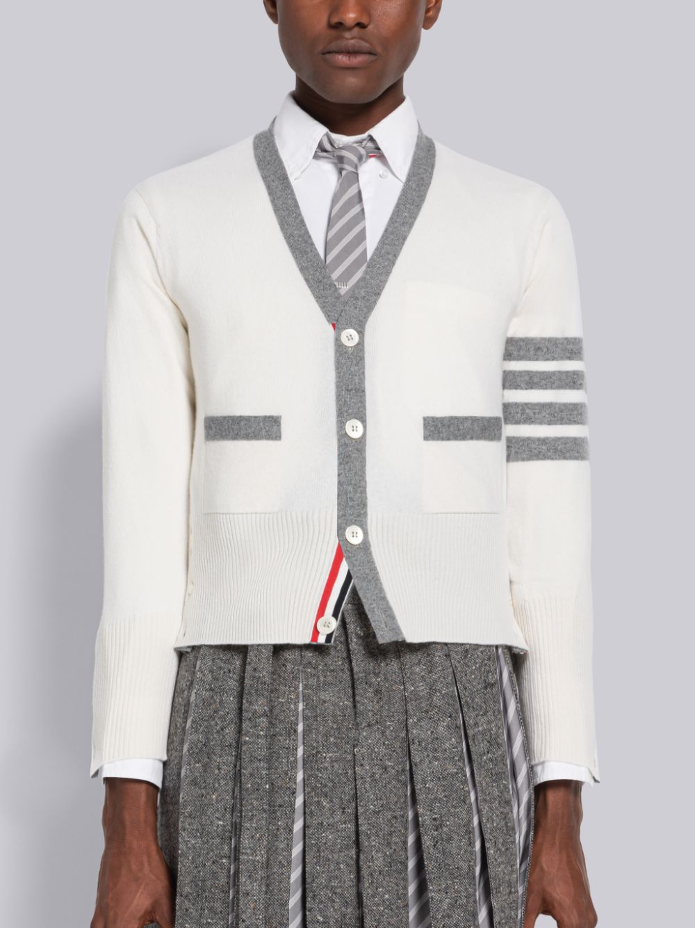 Thom Browne Cashmere Stripe V-Neck Men Cardigan White | YJQ07Y97055