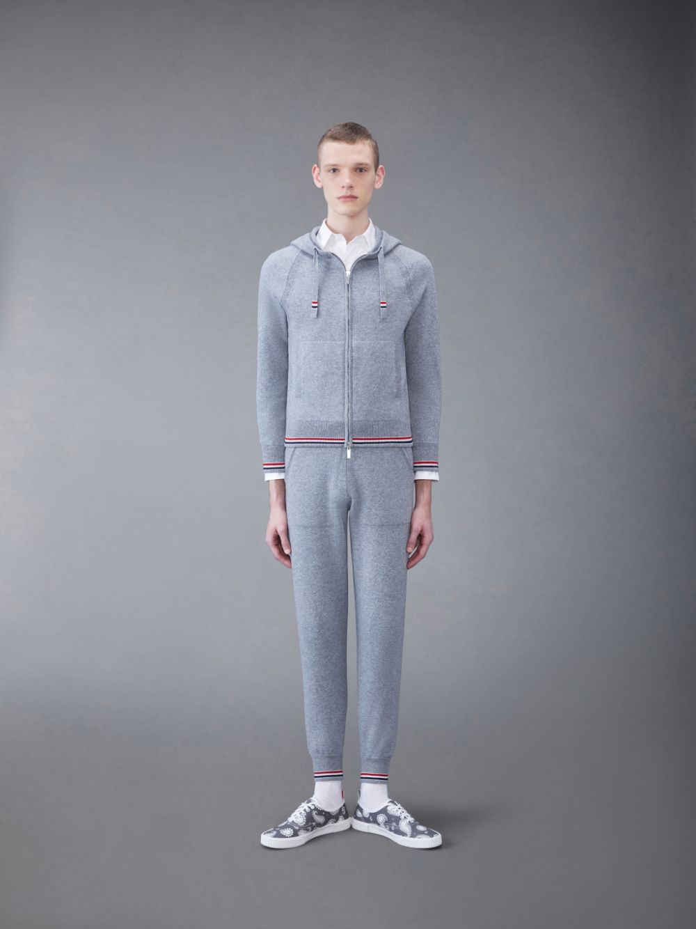 Thom Browne Cashmere Stripe Zip Front Men Hoodie Grey | HYW56X02137