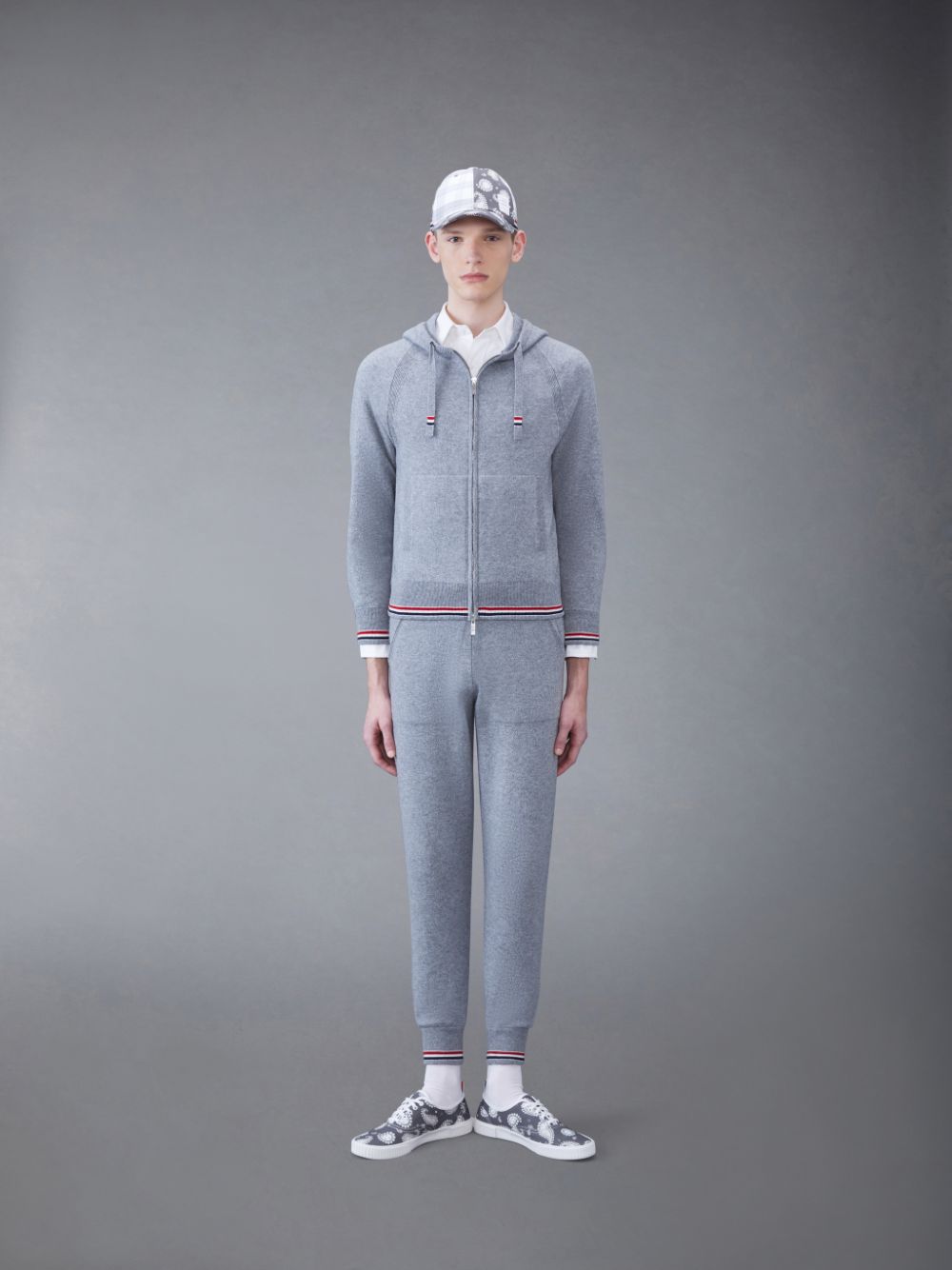 Thom Browne Cashmere Stripe Zip Front Men Hoodie Grey | HYW56X02137