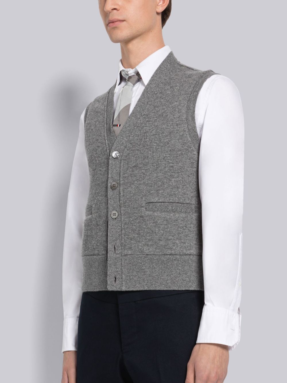 Thom Browne Cashmere Waffle Cardigan Men Vest Grey | ANT00D71027