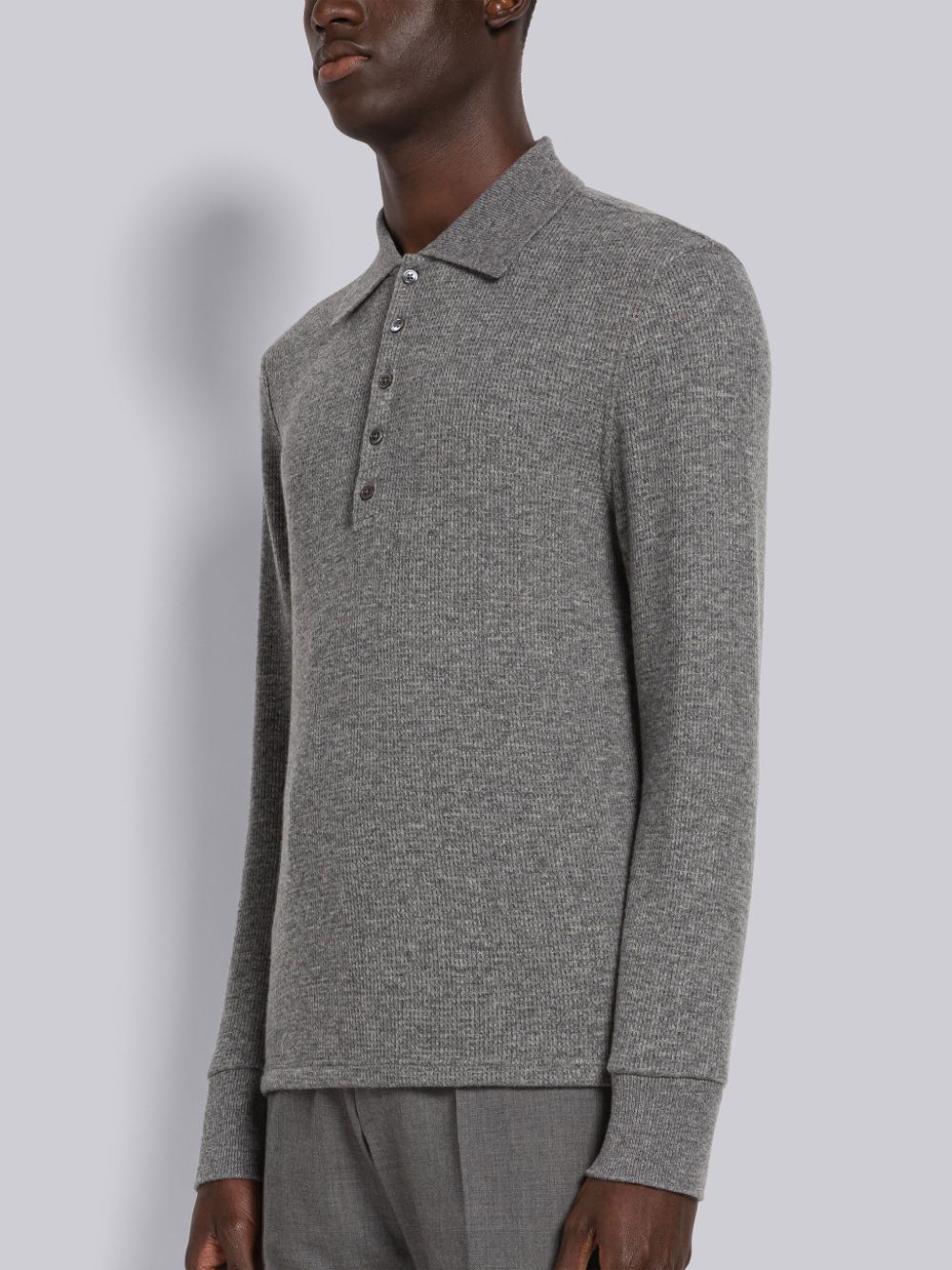 Thom Browne Cashmere Waffle Long Sleeve Men Polo Shirt Grey | GOE40E73659