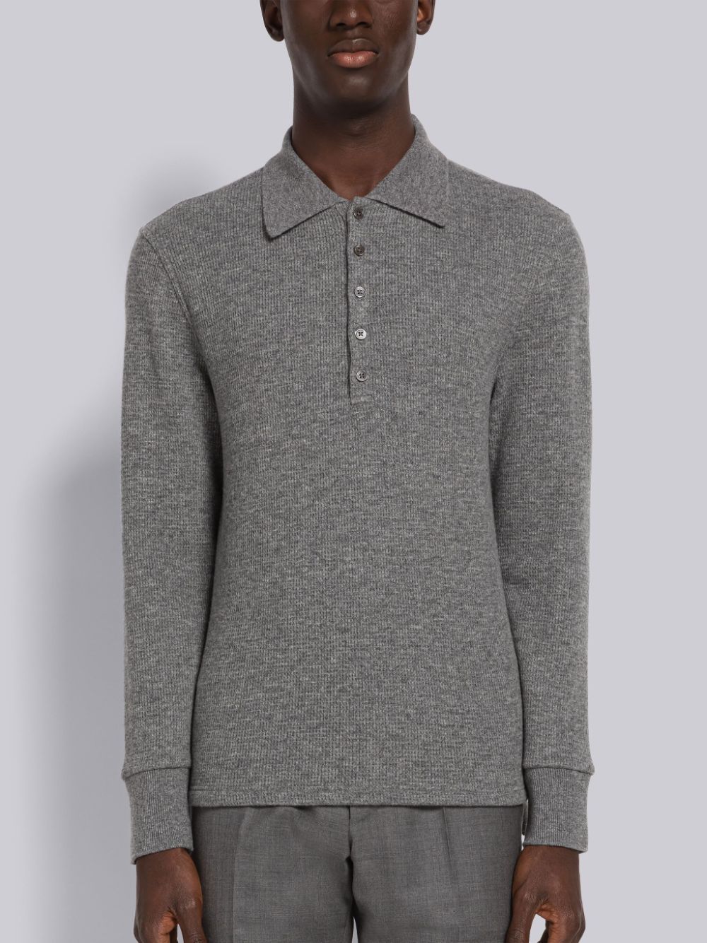 Thom Browne Cashmere Waffle Long Sleeve Men Polo Shirt Grey | GOE40E73659