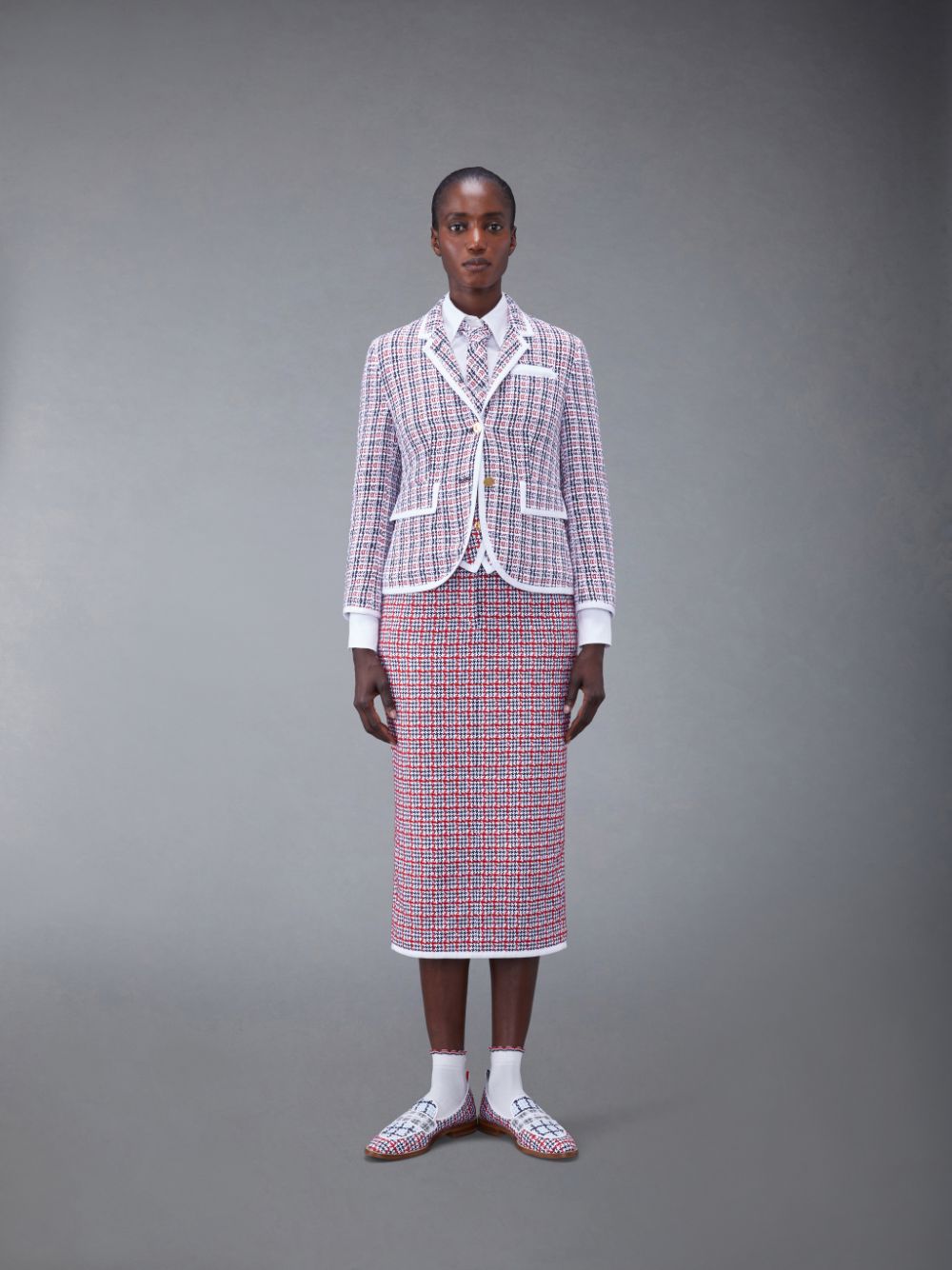 Thom Browne Check Crochet Tweed Slim Fit Sport Women Coats White | XSV49C00333