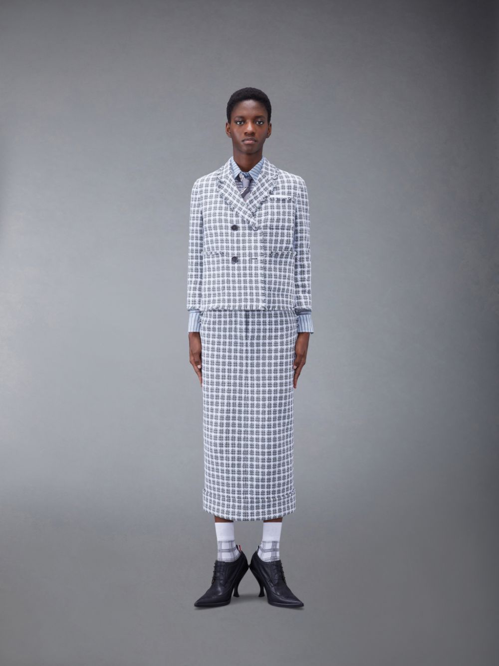 Thom Browne Check Summer Tweed Fray Cropped Sack Sport Women Coats Grey | LMK22X31517