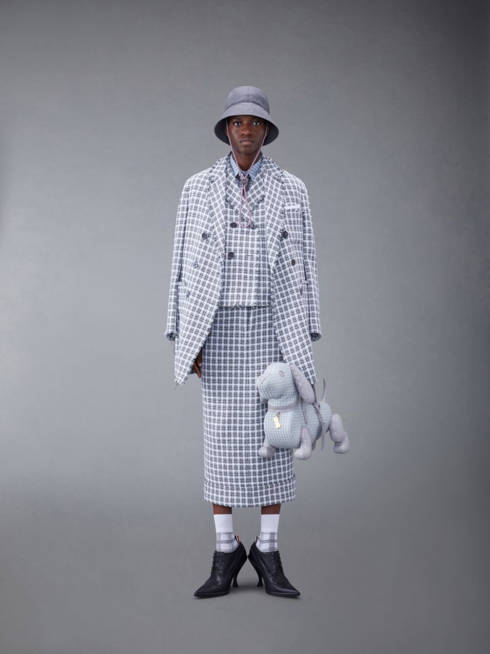 Thom Browne Check Summer Tweed Fray Cropped Sack Sport Women Coats Grey | LMK22X31517