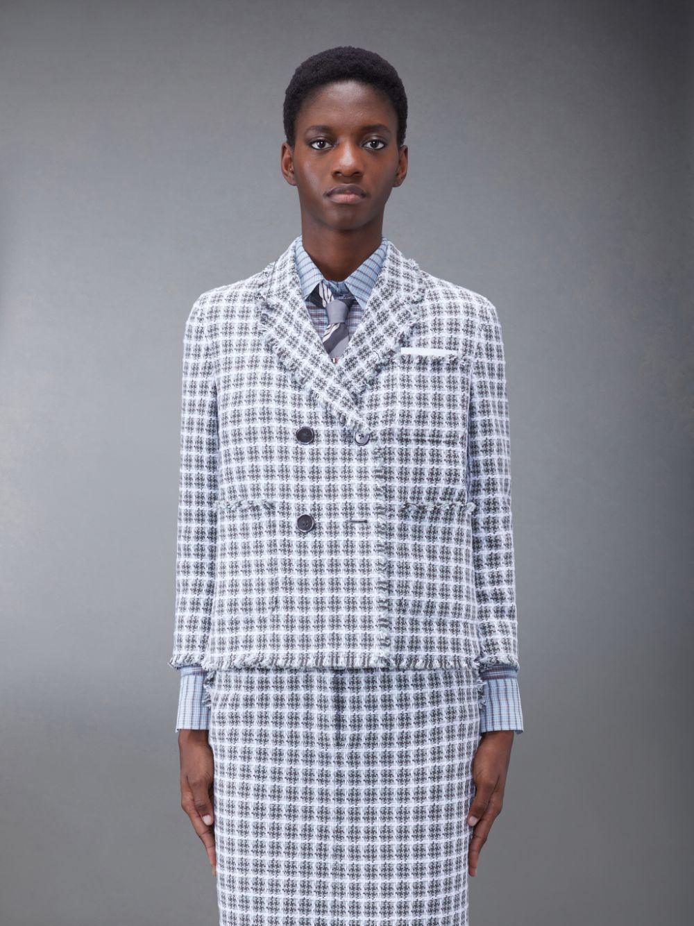 Thom Browne Check Summer Tweed Fray Cropped Sack Sport Women Coats Grey | LMK22X31517