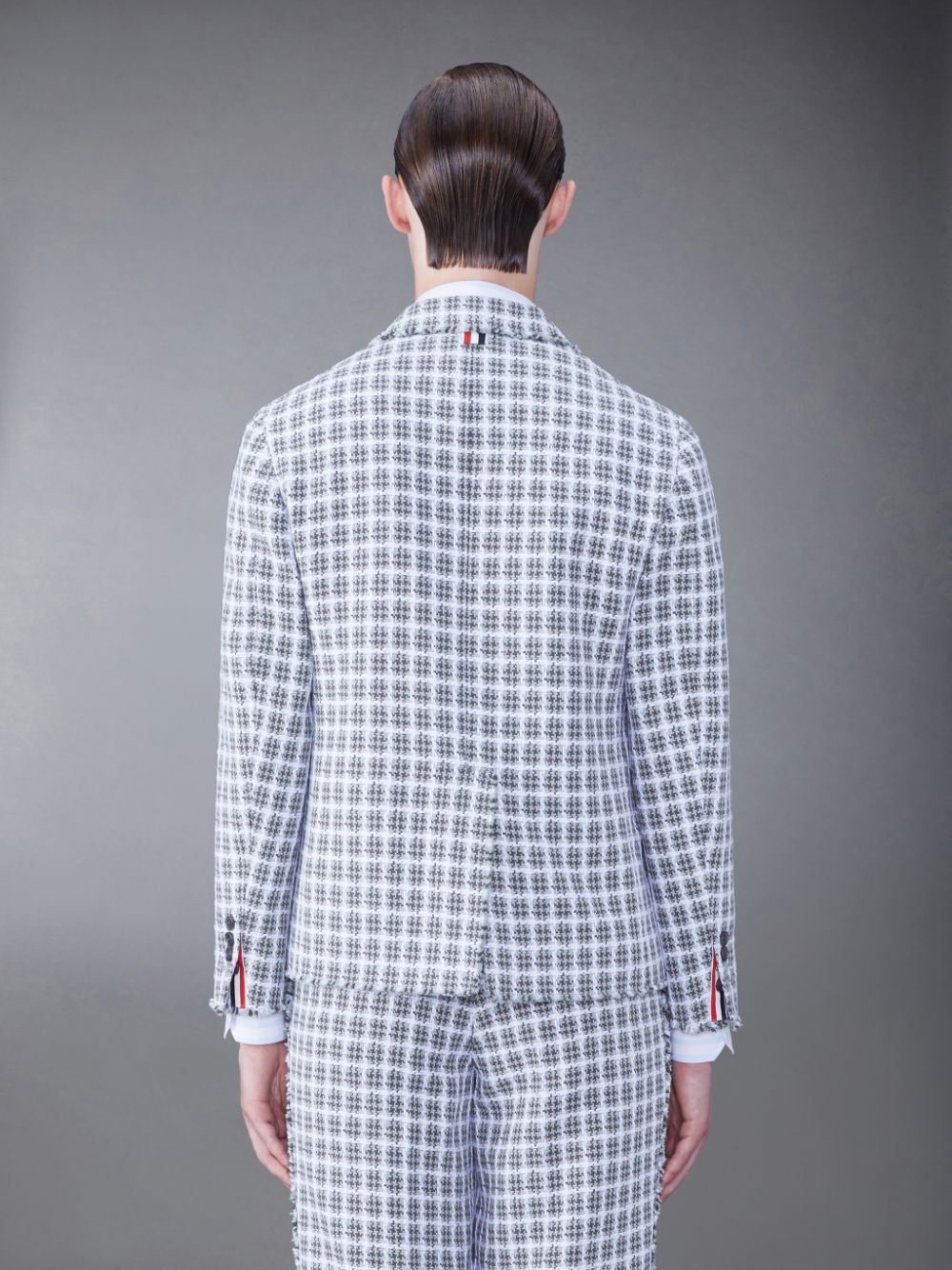 Thom Browne Check Summer Tweed Fray Sack Sport Men Coats Grey | JHM21P32715