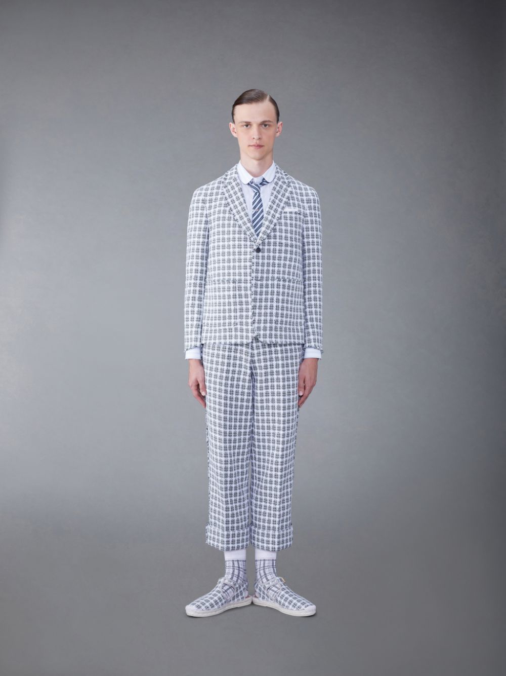 Thom Browne Check Summer Tweed Fray Sack Sport Men Coats Grey | JHM21P32715